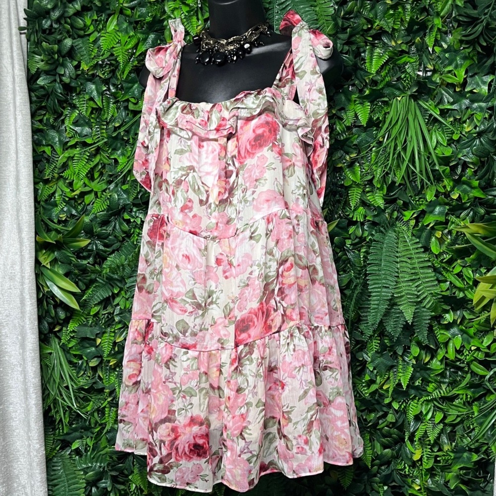 Aakaa Dress XS Pink Floral Tiered Mini Aline Tie Shoulder Ruffle Babydoll 4180